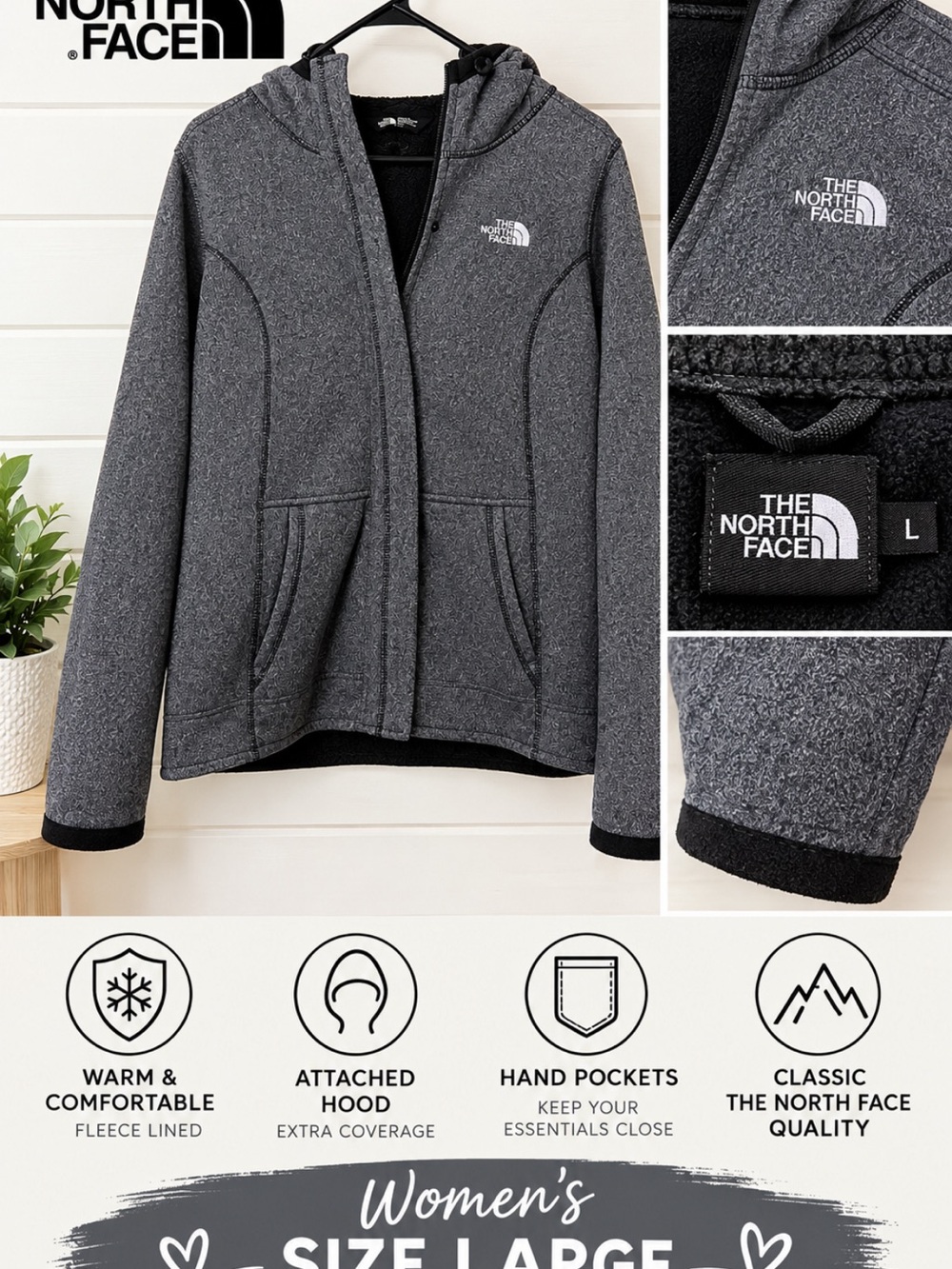 The North Face Women's Charcoal Gray Fleece-Lined Hooded Jacket